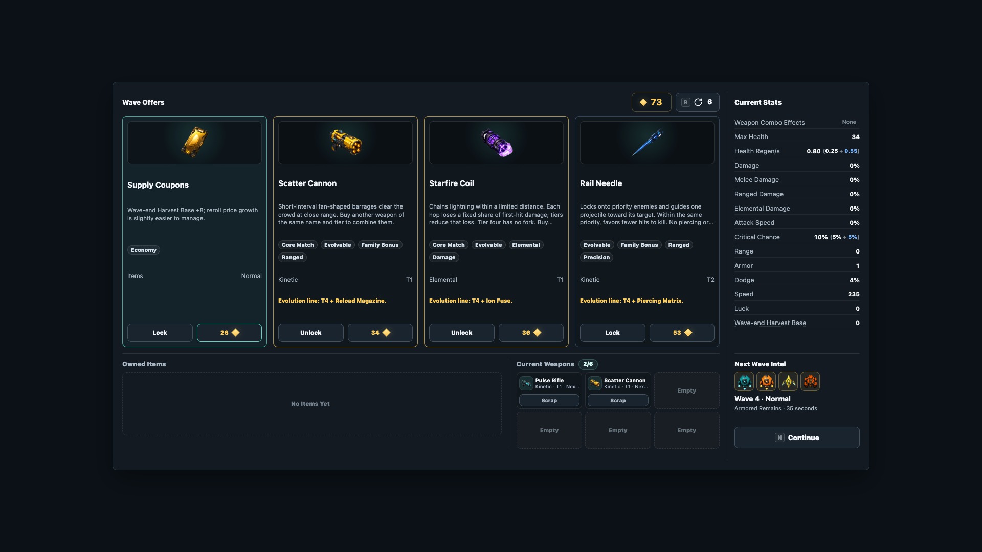 Before buying: one T1 Scatter Cannon equipped and another T1 in the shop. Demo gameplay screenshot.